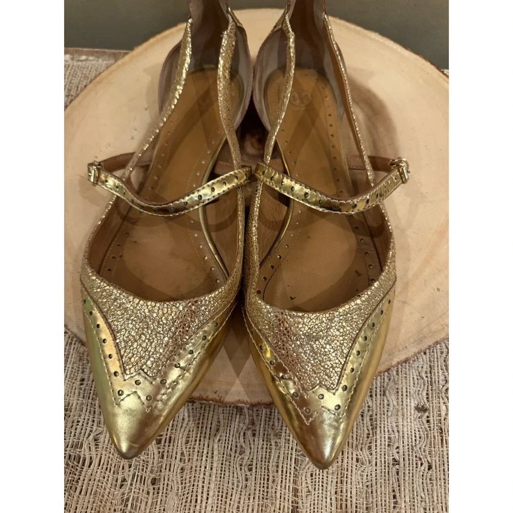 Tory Burch Bernadette 9M metallic Gold leather Mary Jane pointed-toe flats 358$ - Picture 11 of 14
